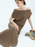 chicjuly Sculptural Pleated Asymmetrical Shoulder Women's Lyocell Top & Skirt Sets