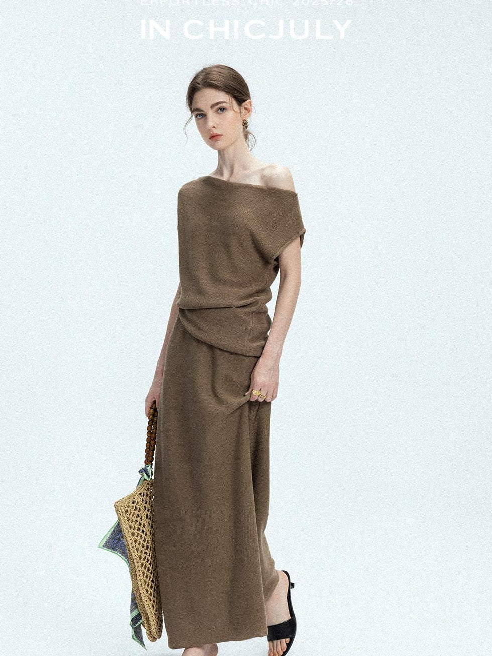 chicjuly Sculptural Pleated Asymmetrical Shoulder Women's Lyocell Top & Skirt Sets