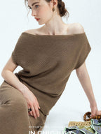 chicjuly Sculptural Pleated Asymmetrical Shoulder Women's Lyocell Top & Skirt Sets