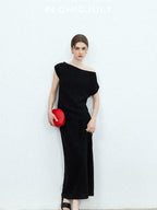 chicjuly Sculptural Pleated Asymmetrical Shoulder Women's Lyocell Top & Skirt Sets