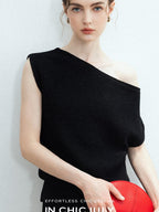 chicjuly Sculptural Pleated Asymmetrical Shoulder Women's Lyocell Top & Skirt Sets