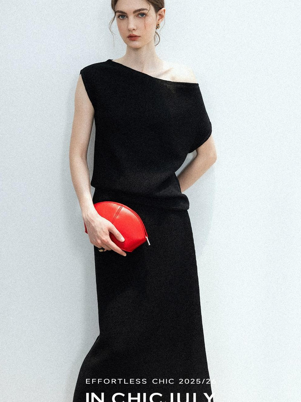 chicjuly Sculptural Pleated Asymmetrical Shoulder Women's Lyocell Top & Skirt Sets