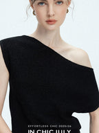 chicjuly Sculptural Pleated Asymmetrical Shoulder Women's Lyocell Top & Skirt Sets