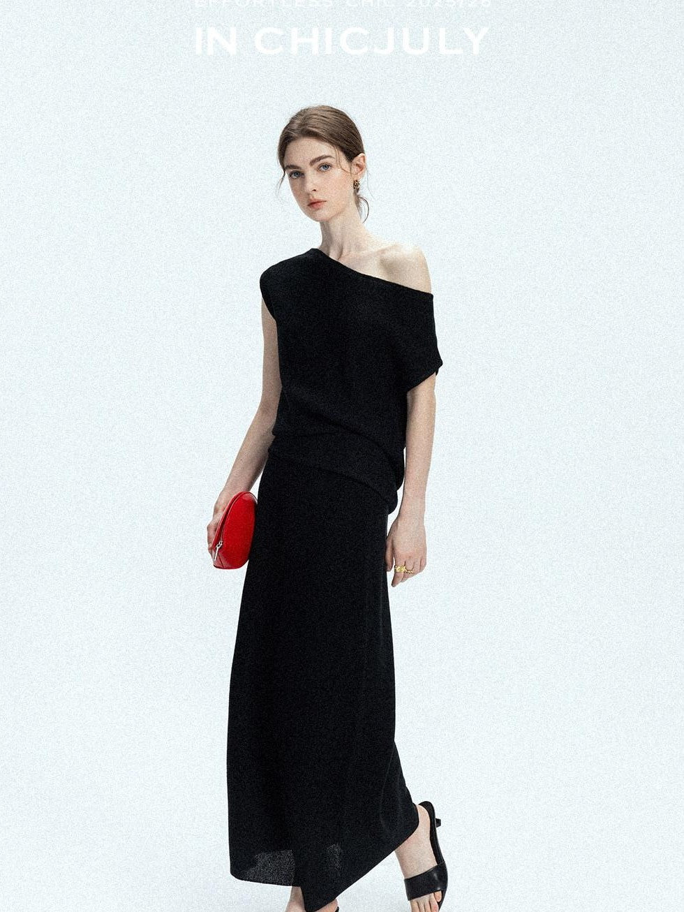 chicjuly Sculptural Pleated Asymmetrical Shoulder Women's Lyocell Top & Skirt Sets