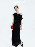 chicjuly Sculptural Pleated Asymmetrical Shoulder Women's Lyocell Top & Skirt Sets