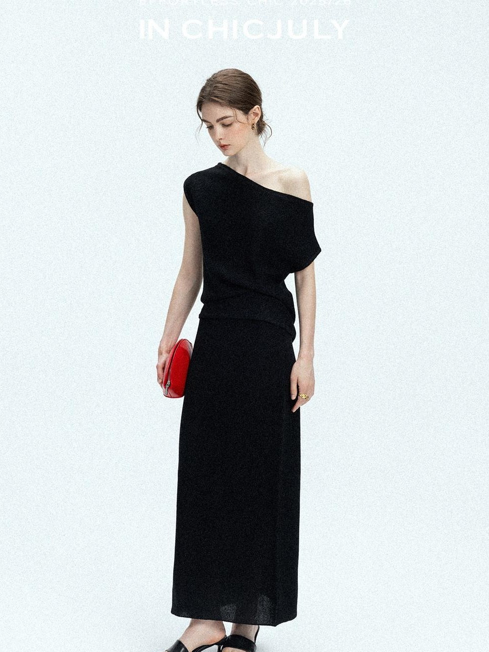 chicjuly Sculptural Pleated Asymmetrical Shoulder Women's Lyocell Top & Skirt Sets