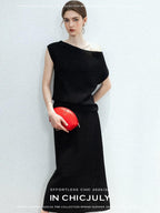 chicjuly Sculptural Pleated Asymmetrical Shoulder Women's Lyocell Top & Skirt Sets