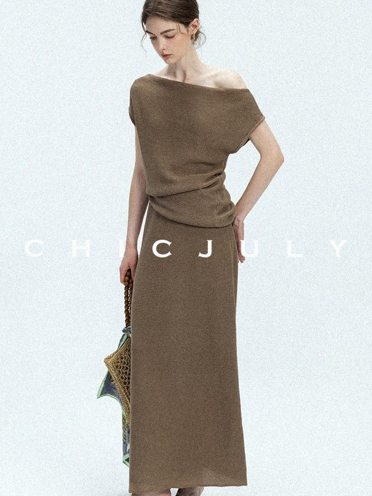 chicjuly Sculptural Pleated Asymmetrical Shoulder Women's Lyocell Top & Skirt Sets