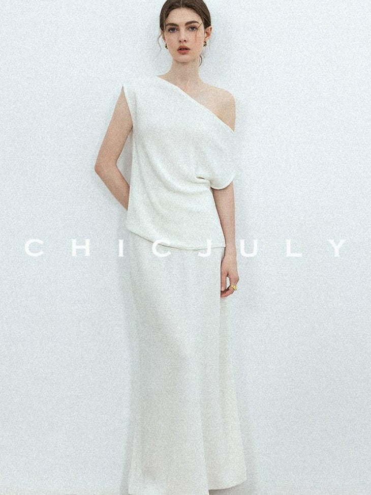 chicjuly Sculptural Pleated Asymmetrical Shoulder Women's Lyocell Top & Skirt Sets