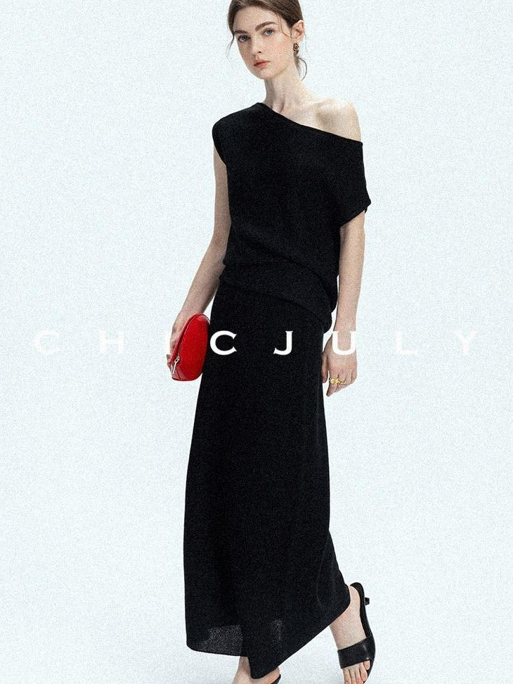 chicjuly Sculptural Pleated Asymmetrical Shoulder Women's Lyocell Top & Skirt Sets