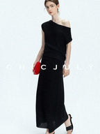 chicjuly Sculptural Pleated Asymmetrical Shoulder Women's Lyocell Top & Skirt Sets
