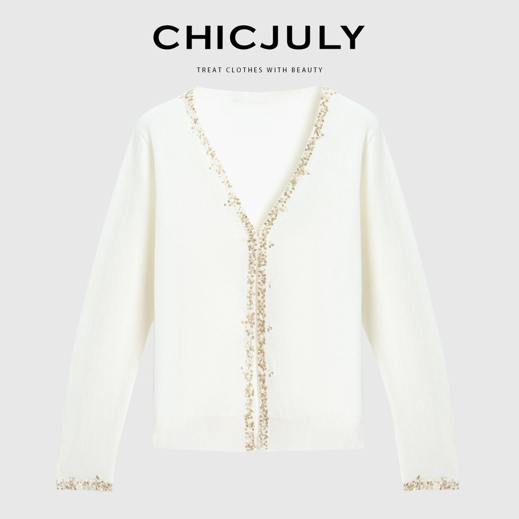 chicjuly Sequin Embellished Knit Cardigan Women's Cashmere Wool Short Sleeve T-shirts 885459320056