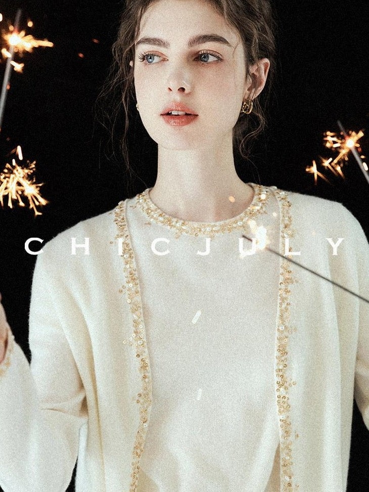 chicjuly Sequin Embellished Knit Cardigan Women's Cashmere Wool Short Sleeve T-shirts