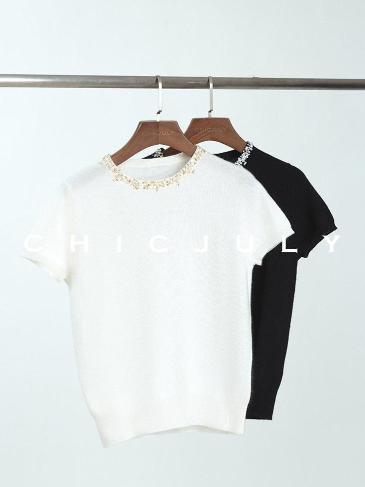 chicjuly Sequin Embellished Knit Cardigan Women's Cashmere Wool Short Sleeve T-shirts
