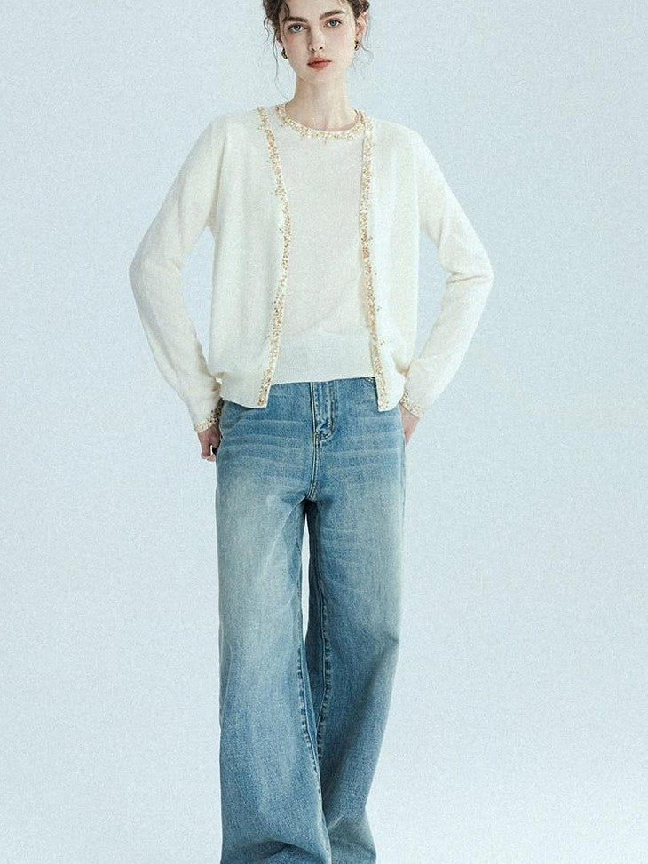chicjuly Sequin Embellished Knit Cardigan Women's Cashmere Wool Short Sleeve T-shirts