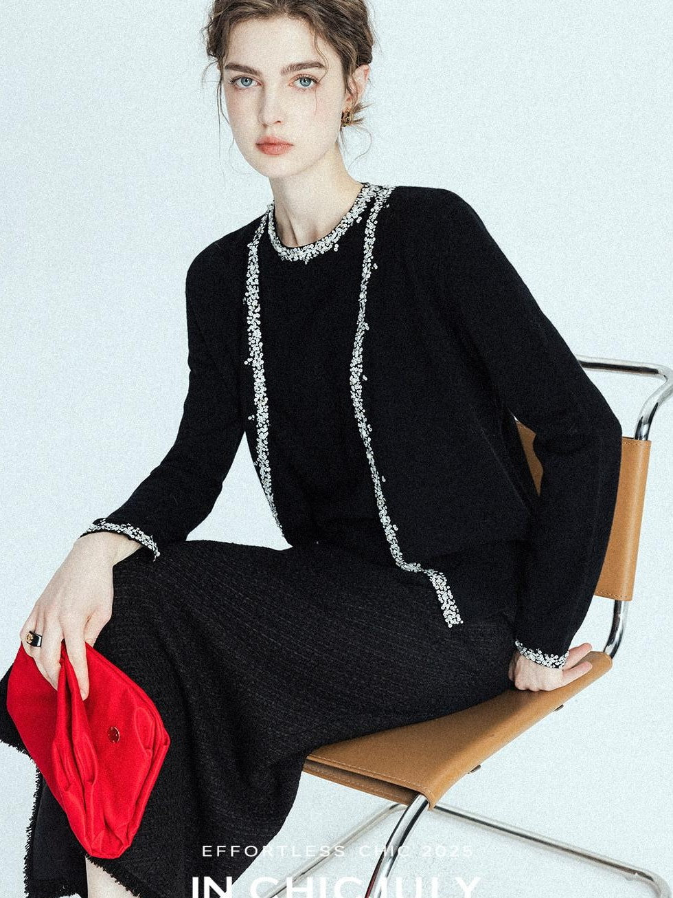 chicjuly Sequin Embellished Knit Cardigan Women's Cashmere Wool Short Sleeve T-shirts