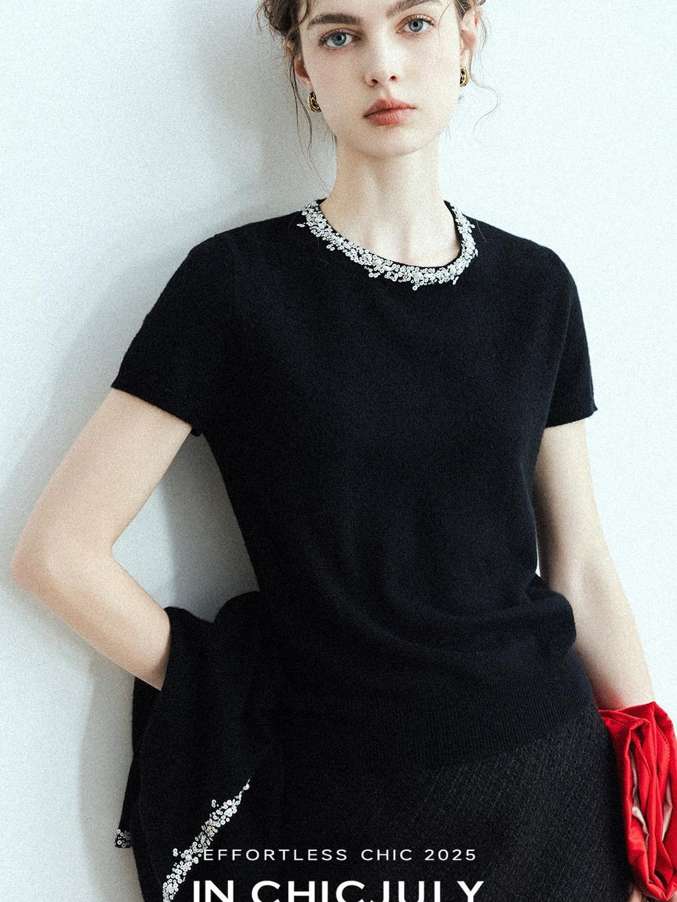 chicjuly Sequin Embellished Knit Cardigan Women's Cashmere Wool Short Sleeve T-shirts