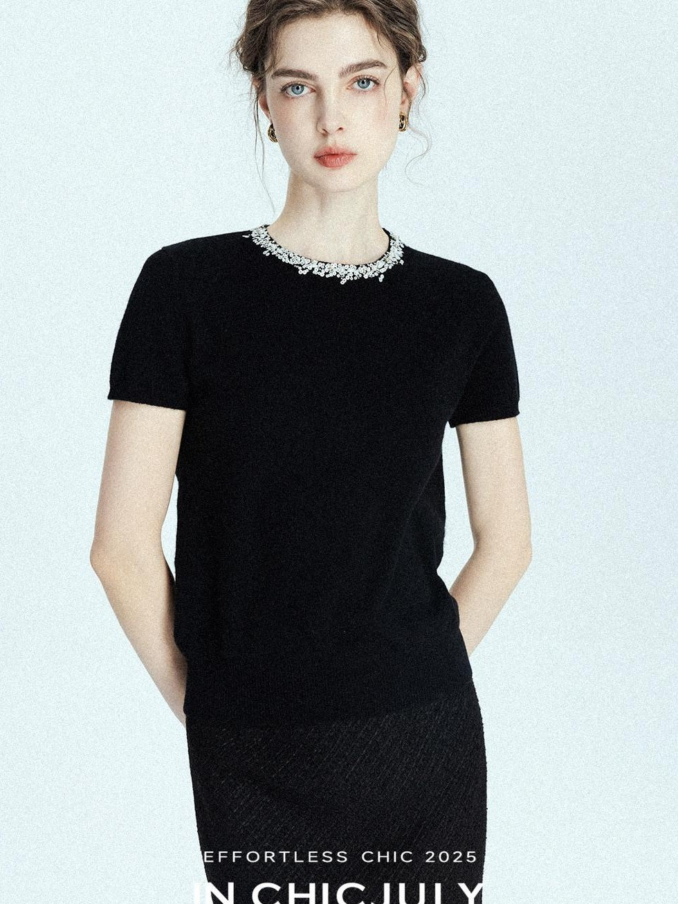 chicjuly Sequin Embellished Knit Cardigan Women's Cashmere Wool Short Sleeve T-shirts
