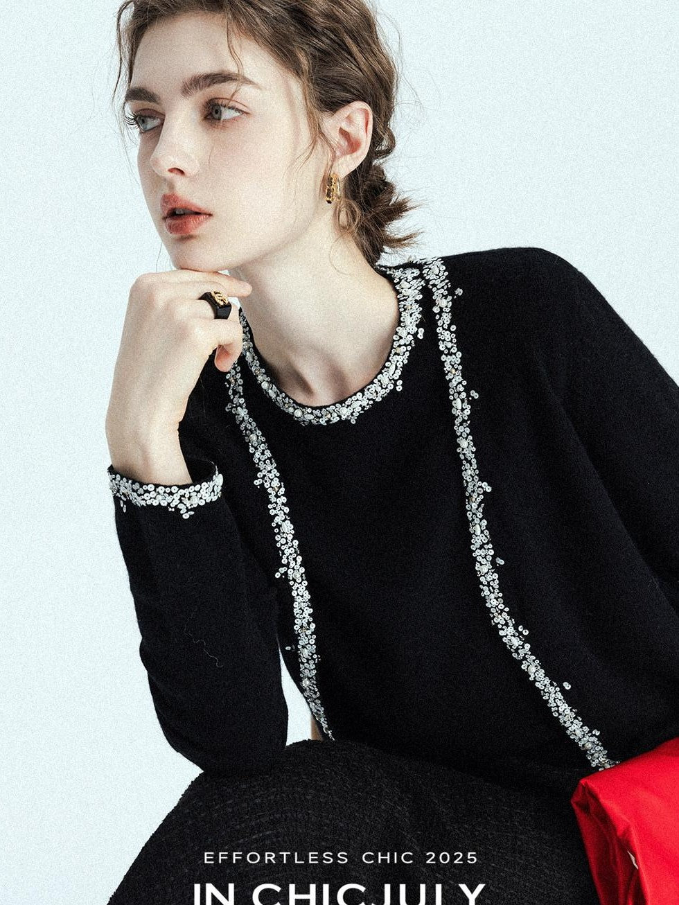 chicjuly Sequin Embellished Knit Cardigan Women's Cashmere Wool Short Sleeve T-shirts
