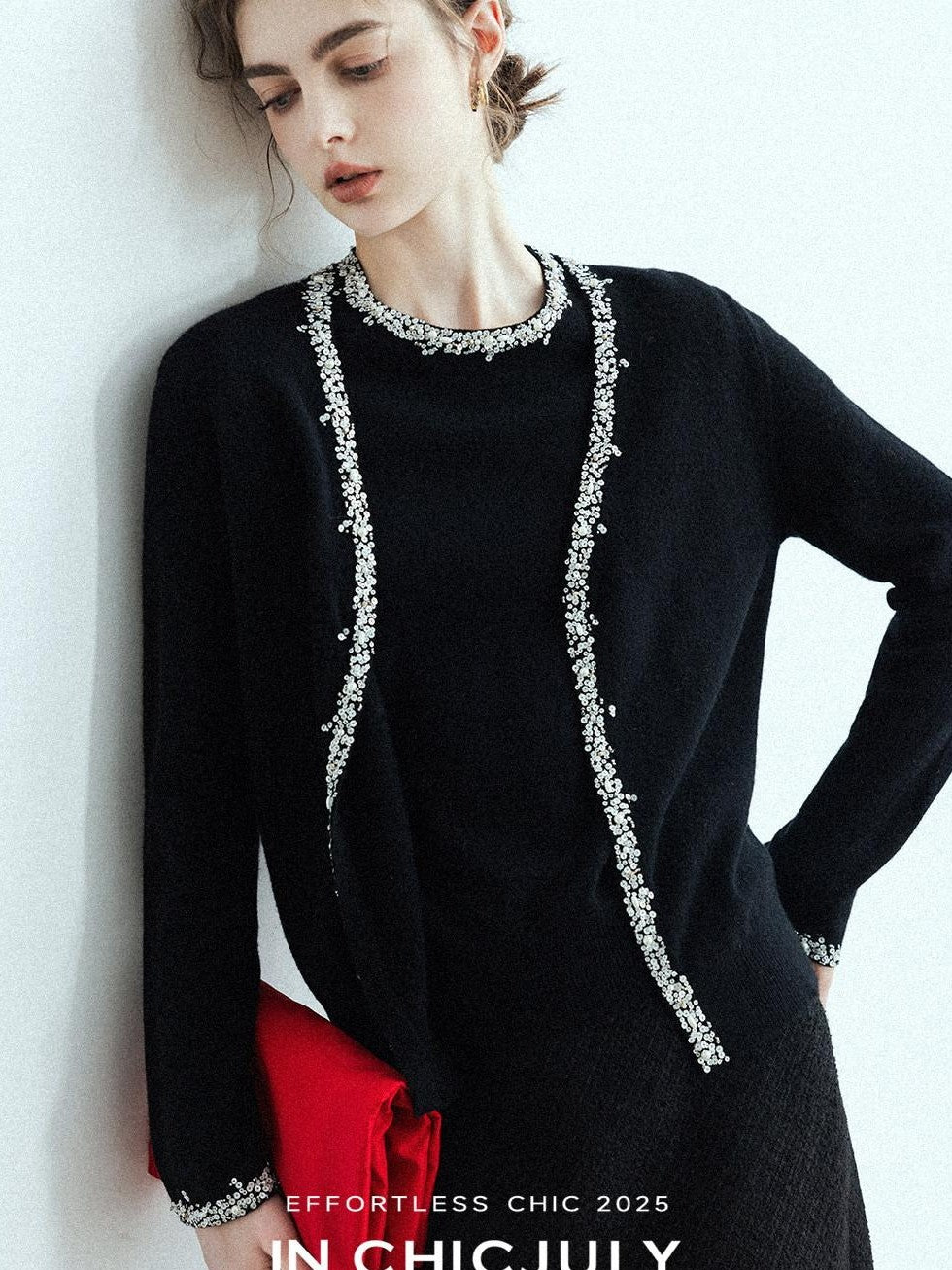 chicjuly Sequin Embellished Knit Cardigan Women's Cashmere Wool Short Sleeve T-shirts