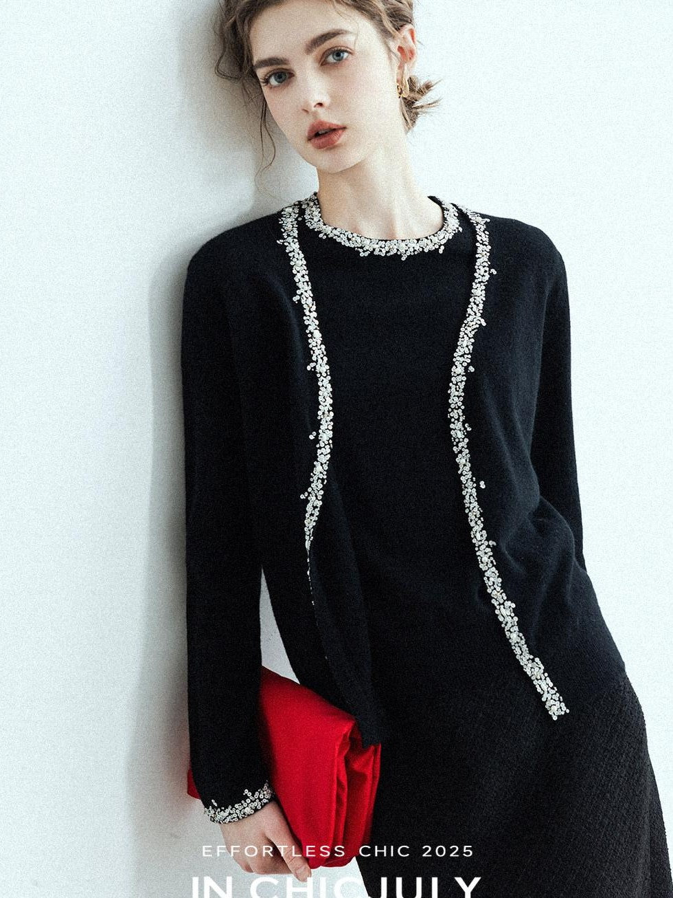 chicjuly Sequin Embellished Knit Cardigan Women's Cashmere Wool Short Sleeve T-shirts