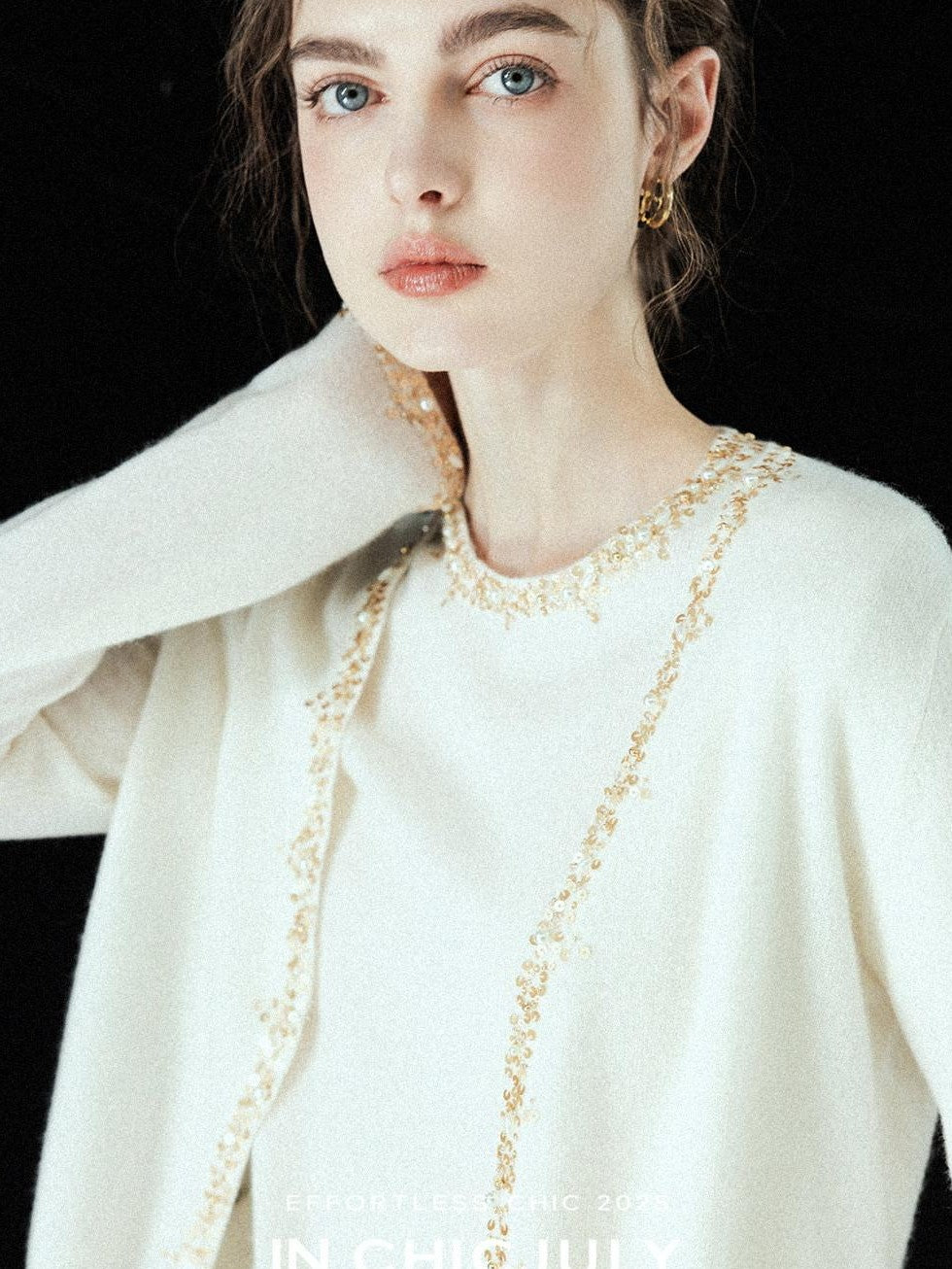 chicjuly Sequin Embellished Knit Cardigan Women's Cashmere Wool Short Sleeve T-shirts