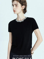 chicjuly Sequin Embellished Knit Cardigan Women's Cashmere Wool Short Sleeve T-shirts