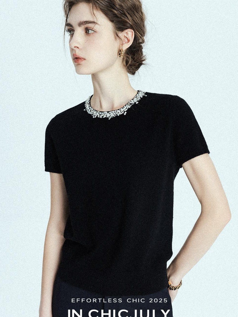 chicjuly Sequin Embellished Knit Cardigan Women's Cashmere Wool Short Sleeve T-shirts