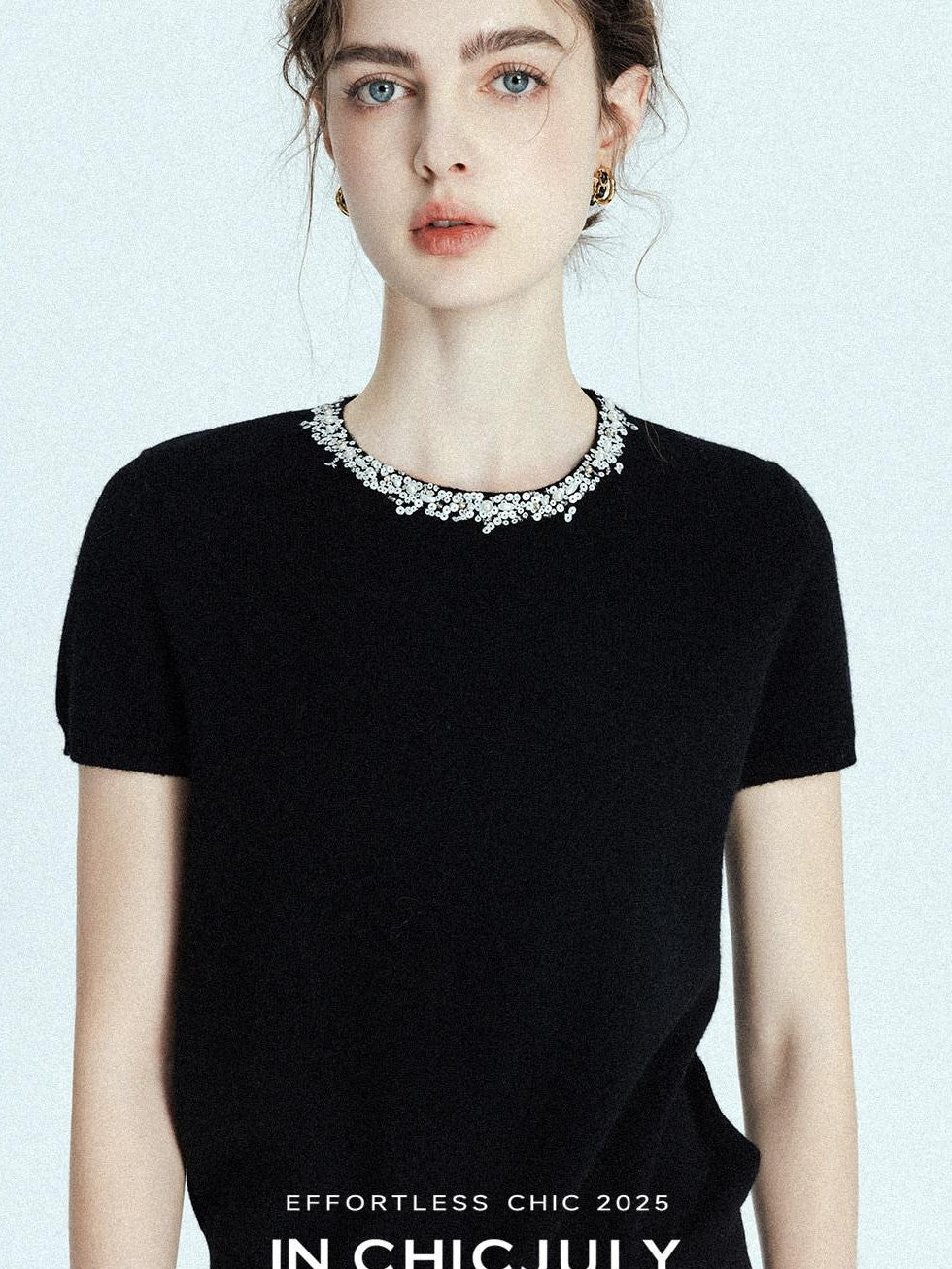 chicjuly Sequin Embellished Knit Cardigan Women's Cashmere Wool Short Sleeve T-shirts