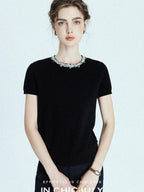 chicjuly Sequin Embellished Knit Cardigan Women's Cashmere Wool Short Sleeve T-shirts