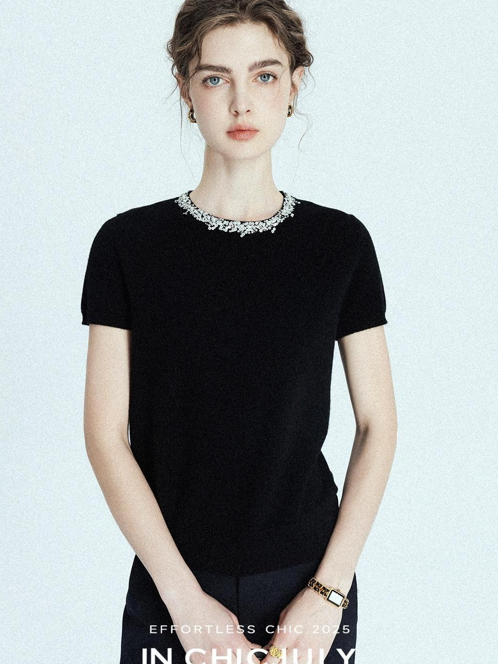chicjuly Sequin Embellished Knit Cardigan Women's Cashmere Wool Short Sleeve T-shirts