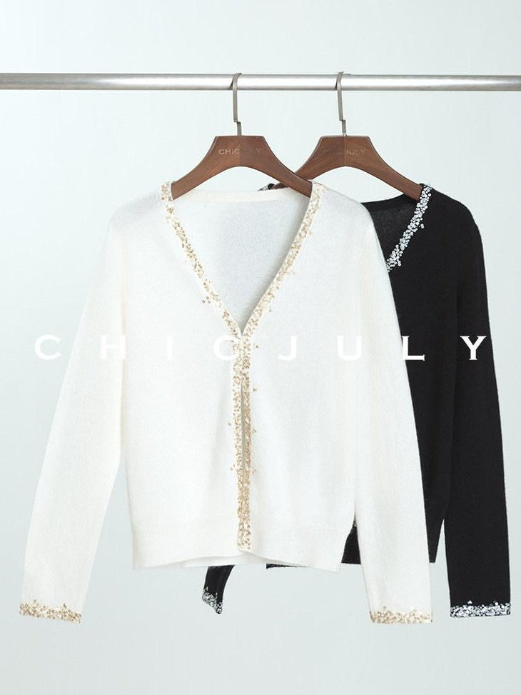 chicjuly Sequin Embellished Knit Cardigan Women's Cashmere Wool Short Sleeve T-shirts