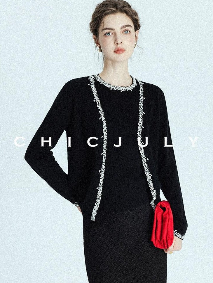 chicjuly Sequin Embellished Knit Cardigan Women's Cashmere Wool Short Sleeve T-shirts