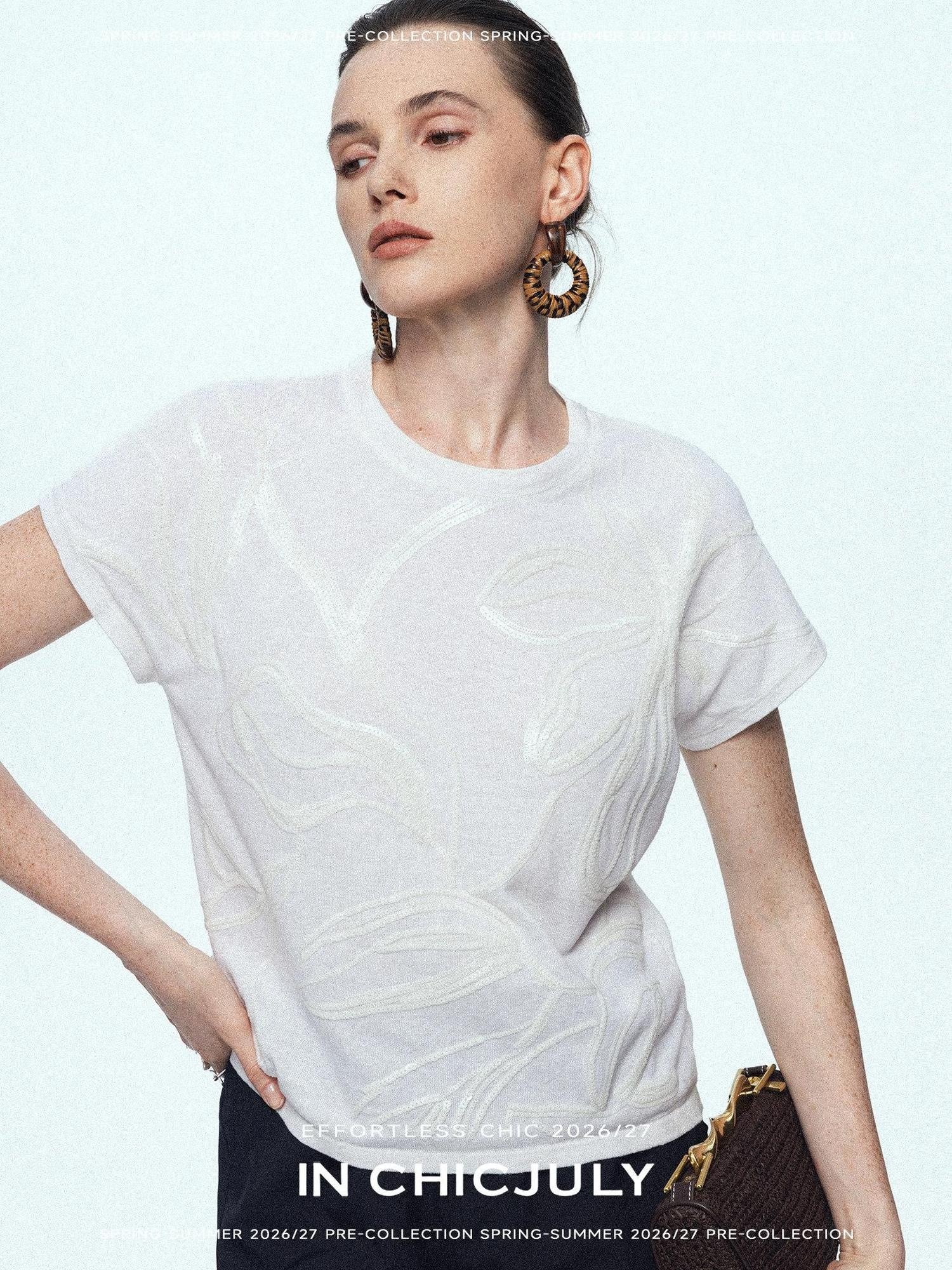 chicjuly Sequin Embroidered Floral Drop Shoulder Women's Linen Silk Short Sleeve T-shirts