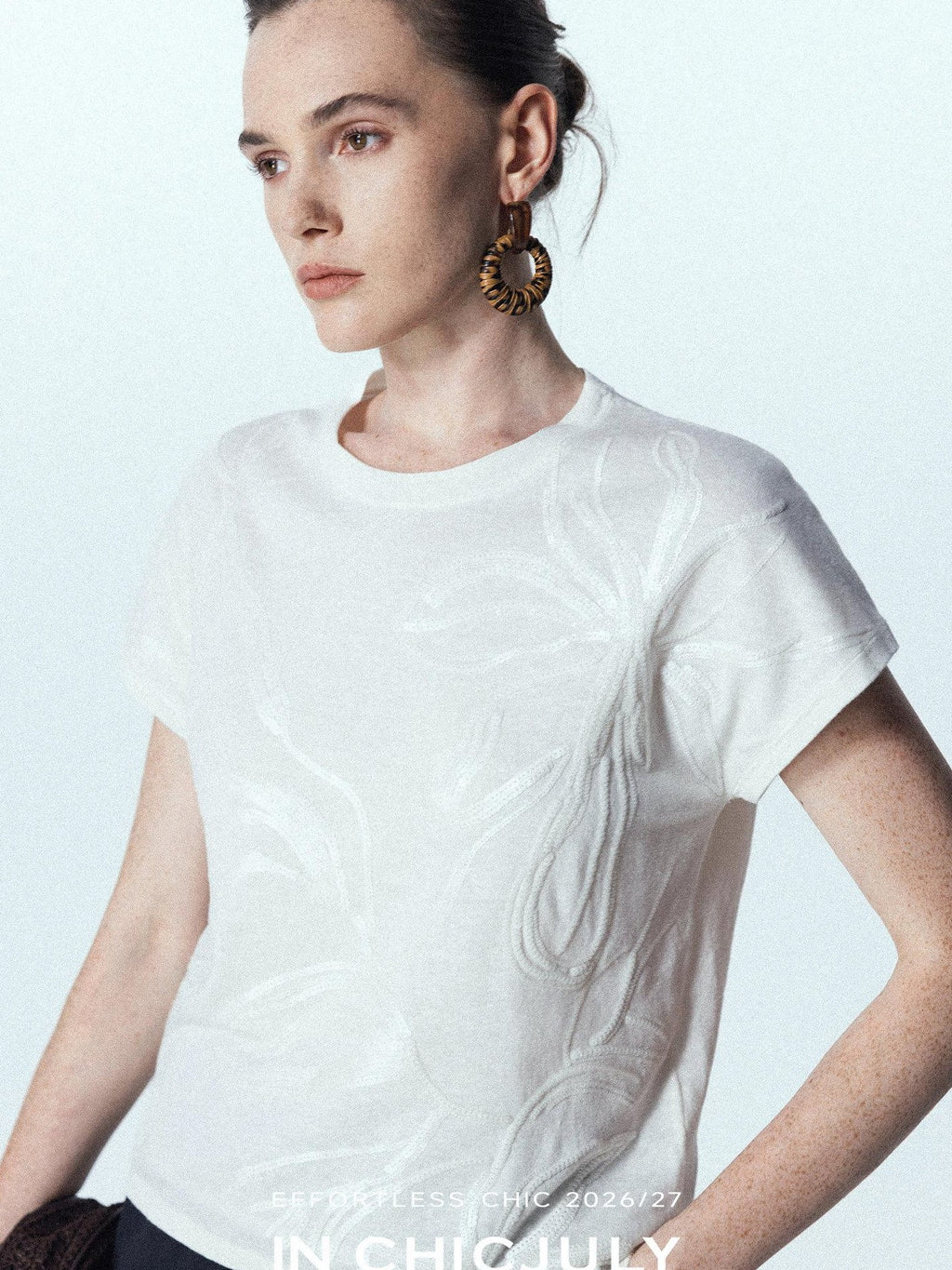 chicjuly Sequin Embroidered Floral Drop Shoulder Women's Linen Silk Short Sleeve T-shirts