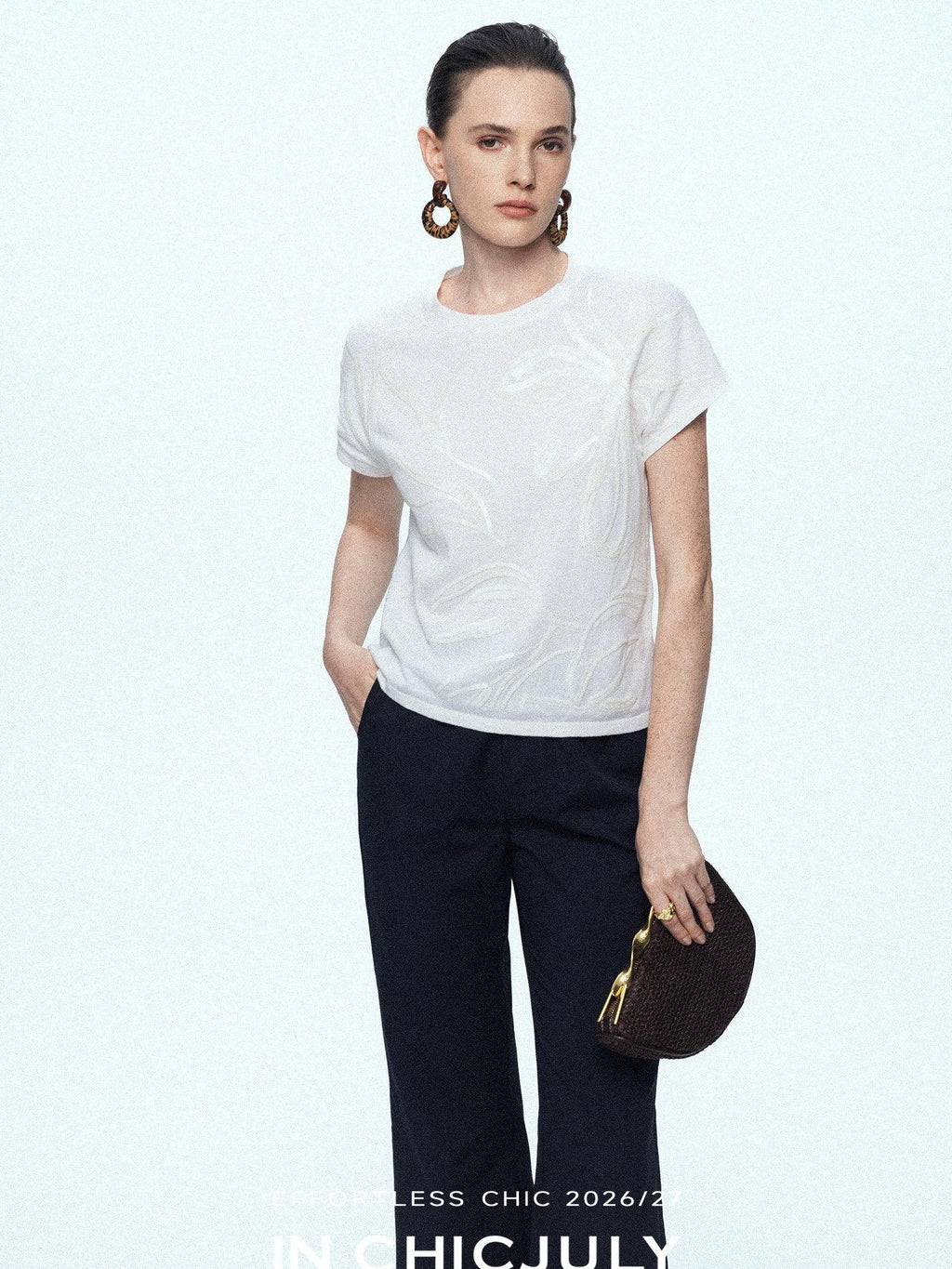 chicjuly Sequin Embroidered Floral Drop Shoulder Women's Linen Silk Short Sleeve T-shirts
