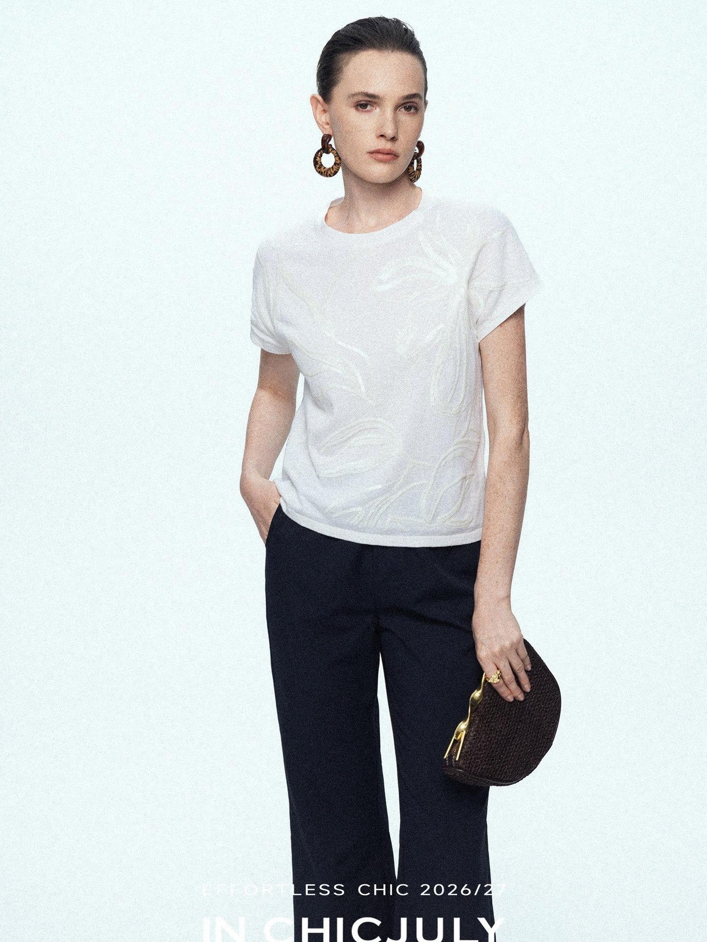 chicjuly Sequin Embroidered Floral Drop Shoulder Women's Linen Silk Short Sleeve T-shirts
