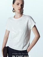 chicjuly Sequin Embroidered Floral Drop Shoulder Women's Linen Silk Short Sleeve T-shirts