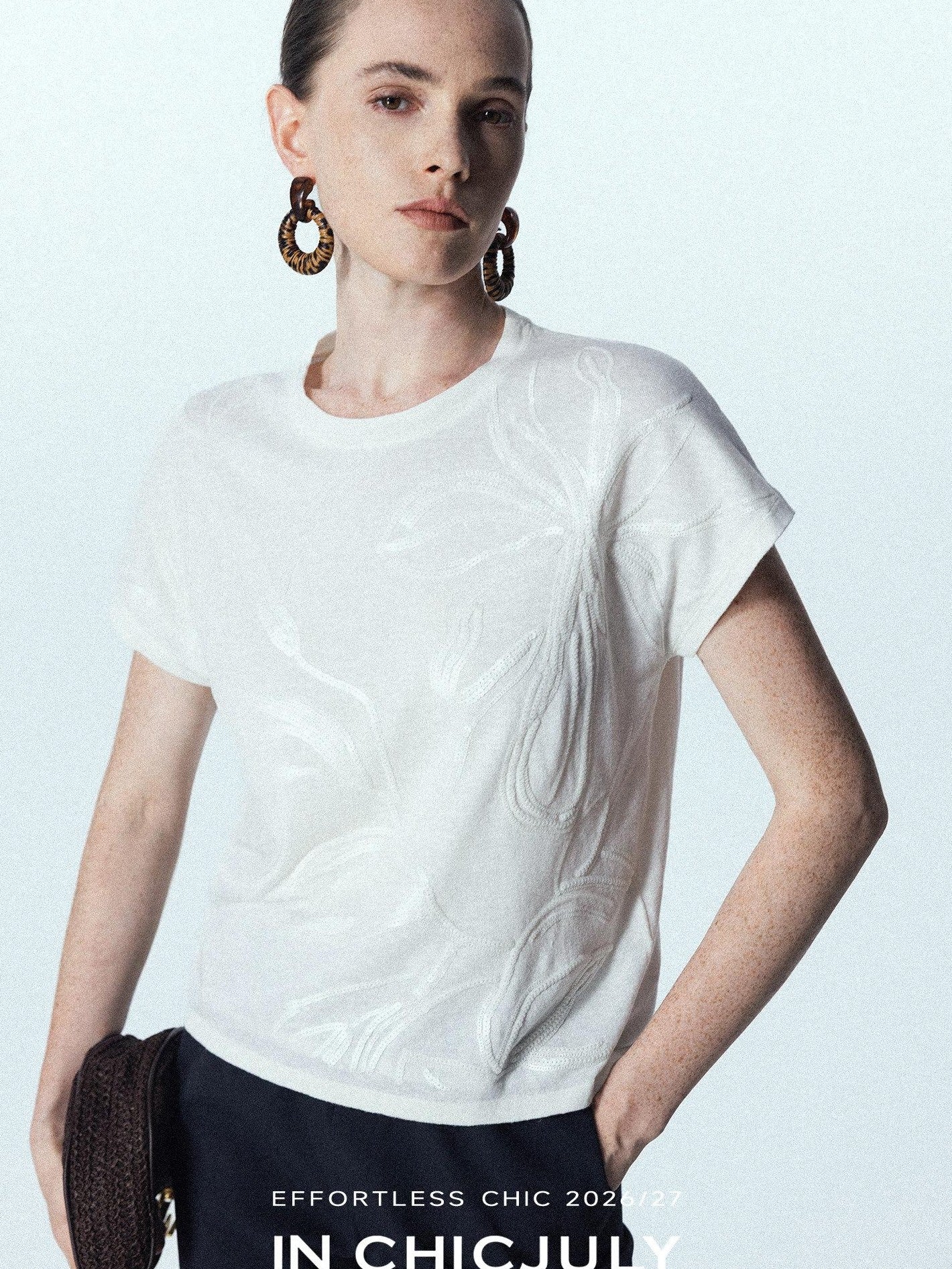 chicjuly Sequin Embroidered Floral Drop Shoulder Women's Linen Silk Short Sleeve T-shirts