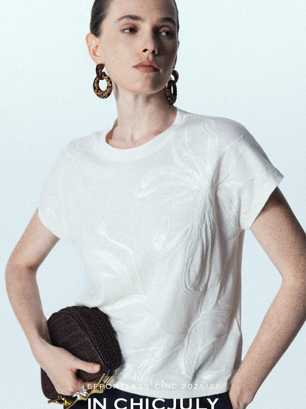 chicjuly Sequin Embroidered Floral Drop Shoulder Women's Linen Silk Short Sleeve T-shirts