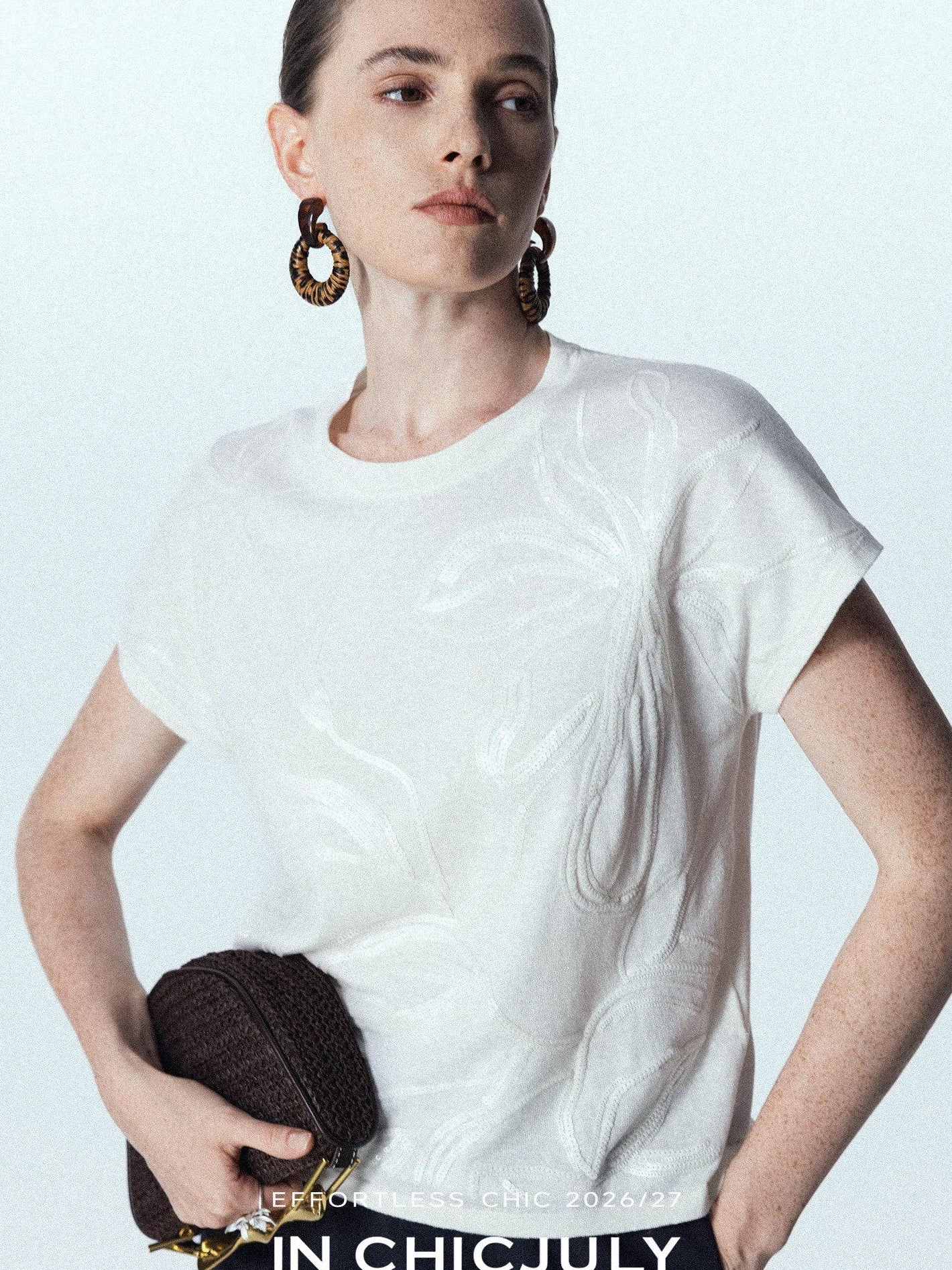 chicjuly Sequin Embroidered Floral Drop Shoulder Women's Linen Silk Short Sleeve T-shirts