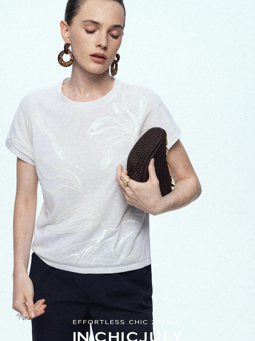 chicjuly Sequin Embroidered Floral Drop Shoulder Women's Linen Silk Short Sleeve T-shirts