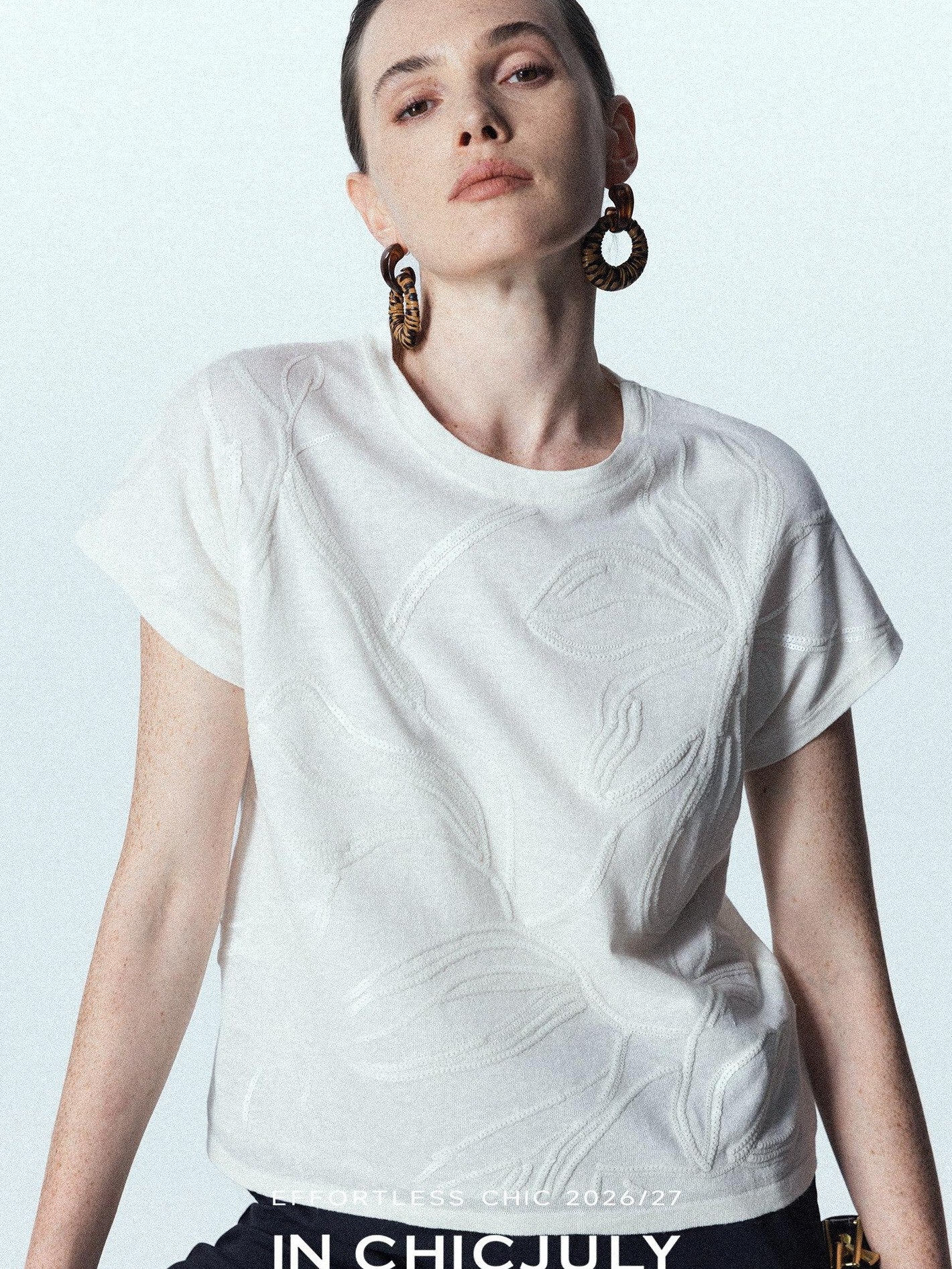 chicjuly Sequin Embroidered Floral Drop Shoulder Women's Linen Silk Short Sleeve T-shirts