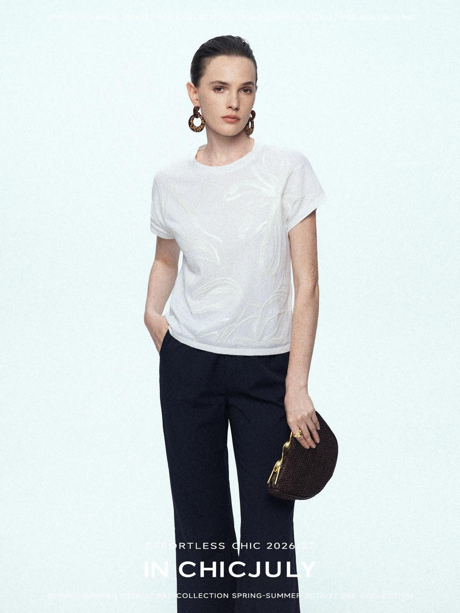 chicjuly Sequin Embroidered Floral Drop Shoulder Women's Linen Silk Short Sleeve T-shirts