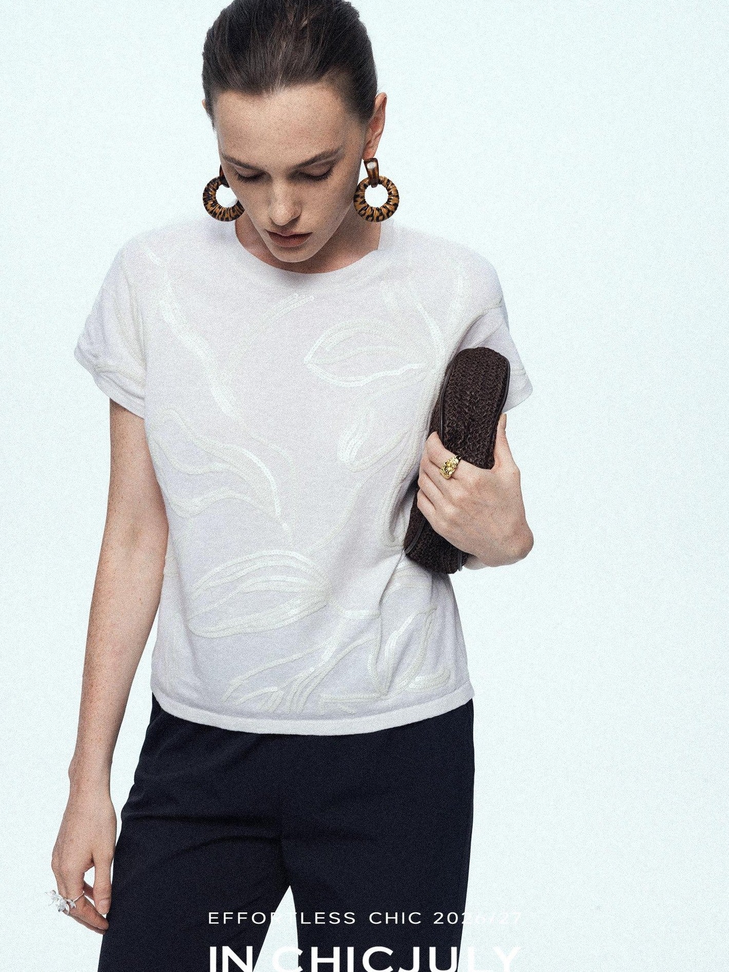chicjuly Sequin Embroidered Floral Drop Shoulder Women's Linen Silk Short Sleeve T-shirts