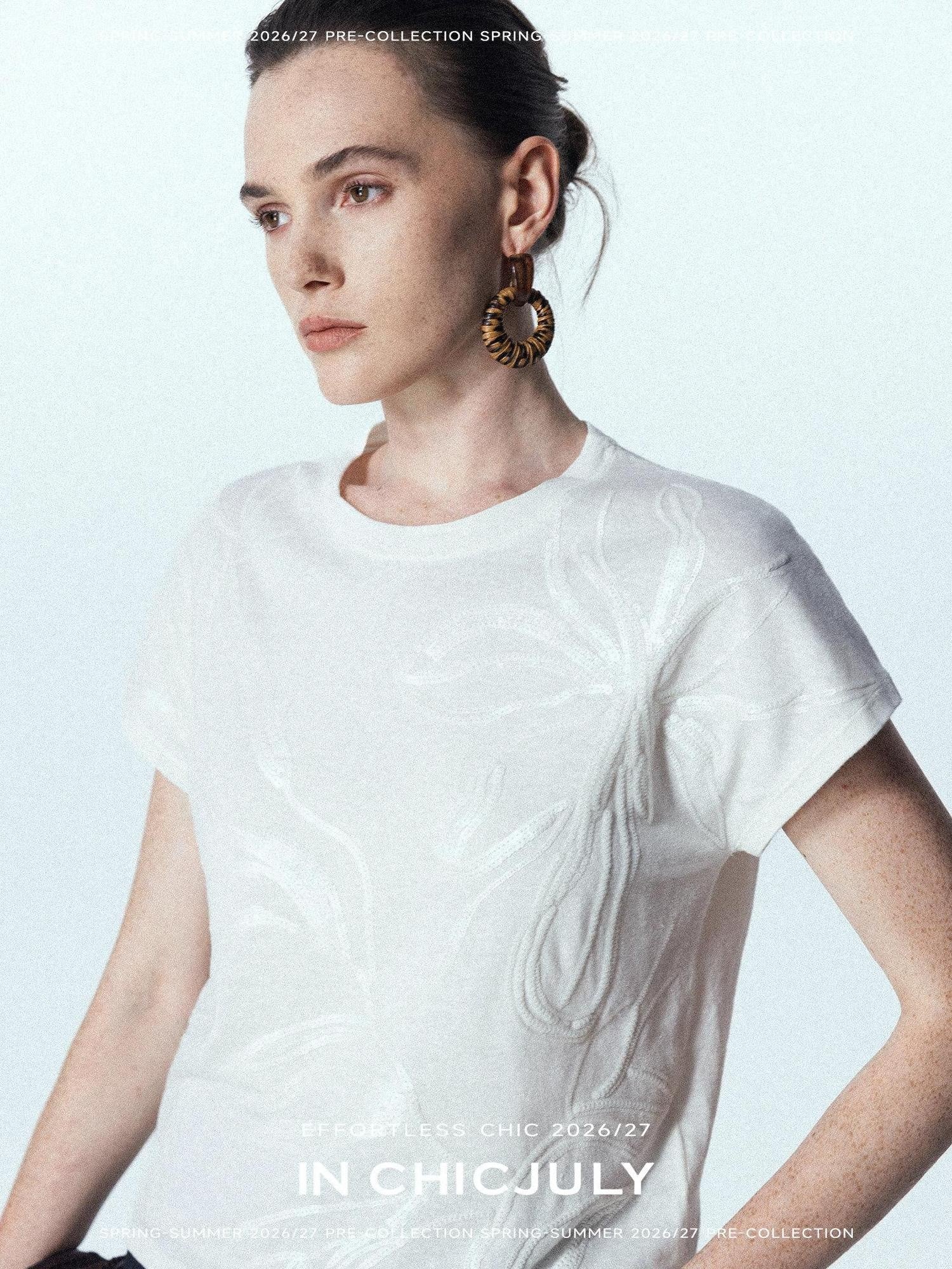 chicjuly Sequin Embroidered Floral Drop Shoulder Women's Linen Silk Short Sleeve T-shirts