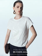 chicjuly Sequin Embroidered Floral Drop Shoulder Women's Linen Silk Short Sleeve T-shirts
