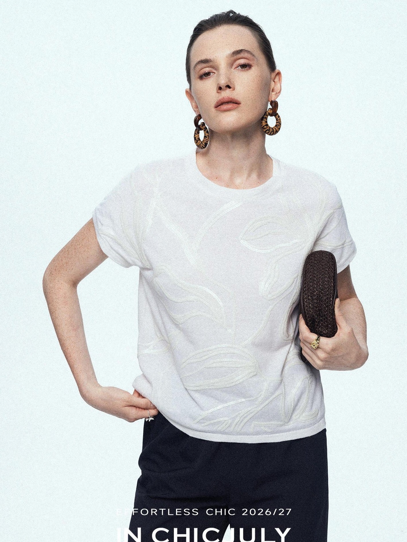 chicjuly Sequin Embroidered Floral Drop Shoulder Women's Linen Silk Short Sleeve T-shirts