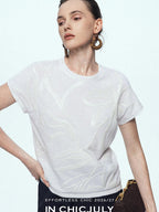 chicjuly Sequin Embroidered Floral Drop Shoulder Women's Linen Silk Short Sleeve T-shirts