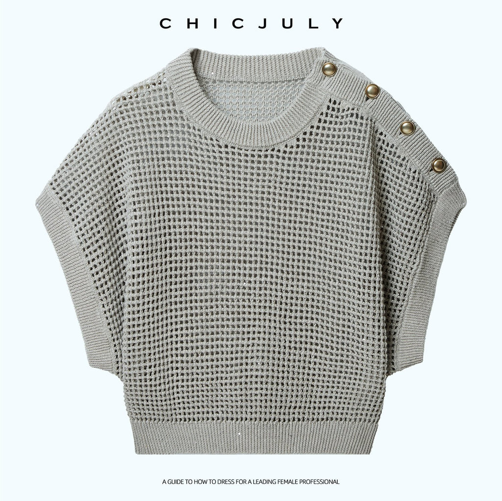 chicjuly Sequined Gold Buckle Minimalist Knitted Women's Linen Top & Skirt Sets 1033631768713